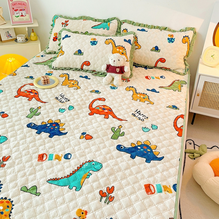 91家纺网 家纺一手货源 找家纺 羽爱家纺 2024新款牛奶绒直边款床盖床垫 恐龙世界