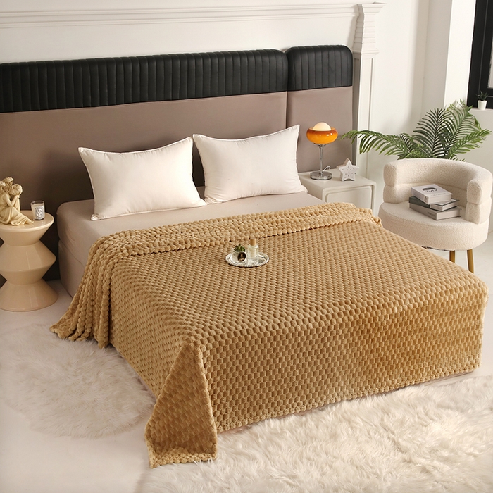 91家纺网 家纺一手货源 找家纺 新丽佳家纺 2023新款法莱绒立体提花毛毯休闲毯办公午睡毯小毯子 卡其