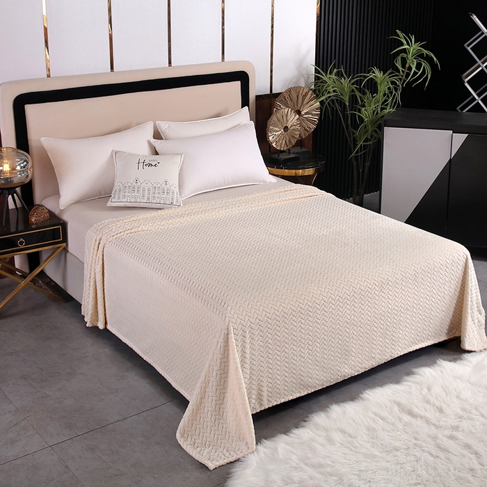 91家纺网 家纺一手货源 找家纺 新丽佳家纺 2023新款法莱绒提花毛毯盖毯系列-麦穗 麦穗-米白