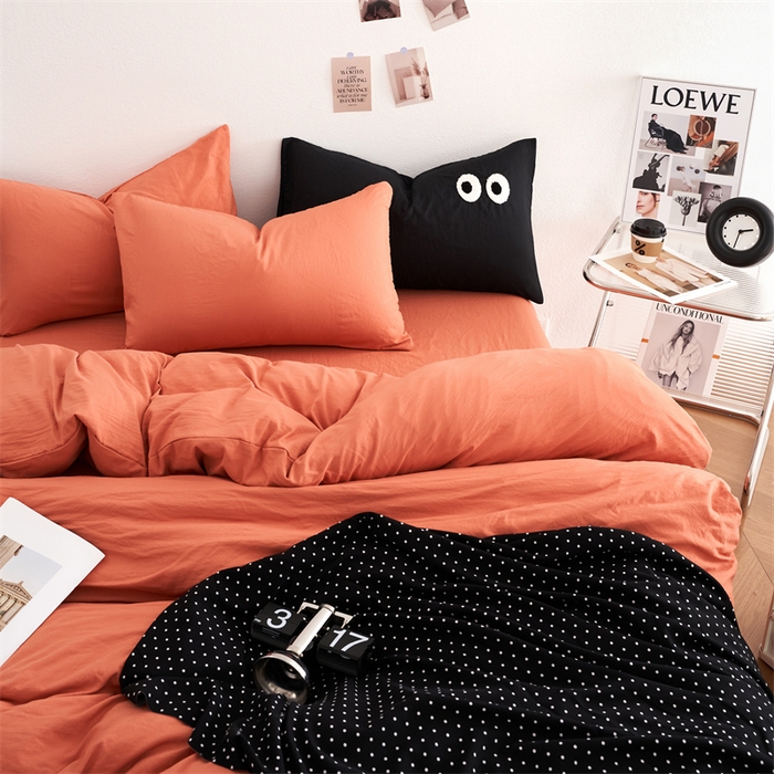 91家纺网 家纺一手货源 找家纺 卡迪熊家纺 2024新款ins风超柔褶皱亲肤磨毛水洗m四件套纯色系列 浪漫橙