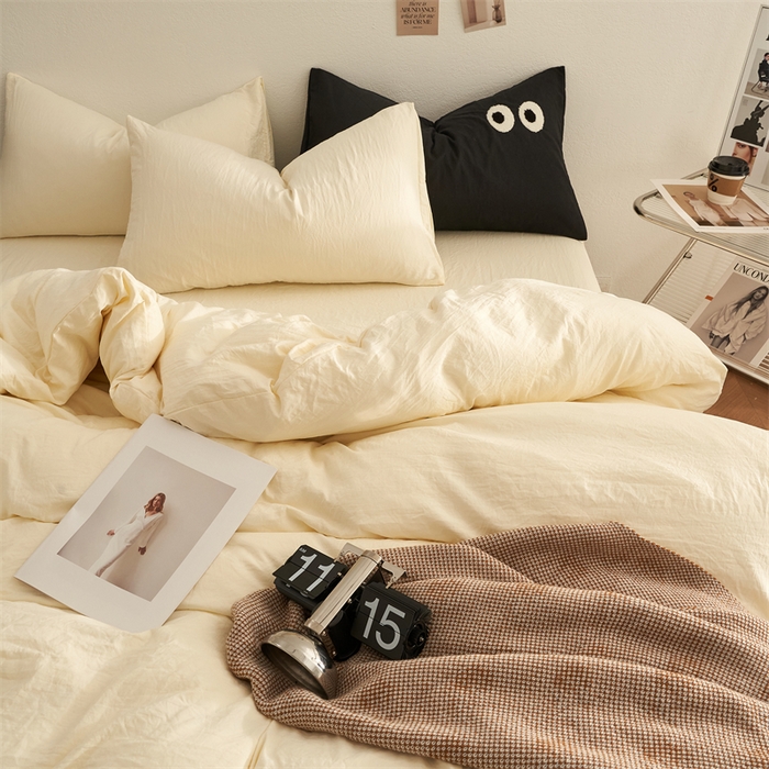 91家纺网 家纺一手货源 找家纺 卡迪熊家纺 2024新款ins风超柔褶皱亲肤磨毛水洗m四件套纯色系列 柠檬黄