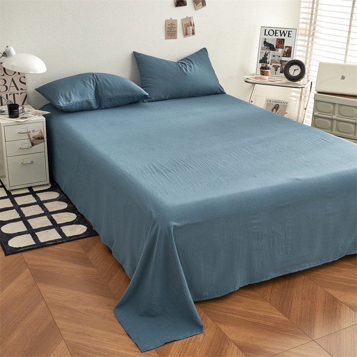 91家纺网 家纺一手货源 找家纺 卡迪熊家纺 2024新款ins风超柔褶皱亲肤磨毛水洗m四件套纯色系列 梵星蓝