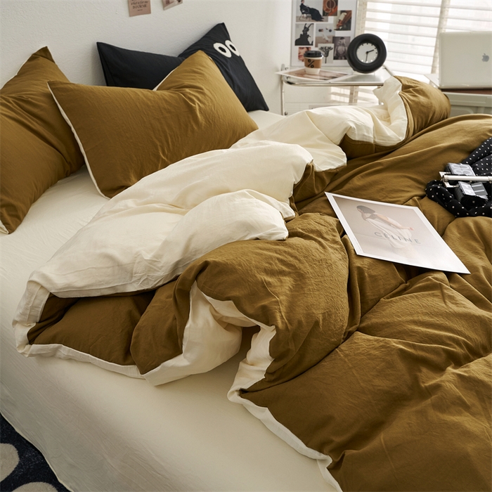 91家纺网 家纺一手货源 找家纺 卡迪熊家纺 2024新款ins风超柔褶皱亲肤磨毛水洗m四件套双拼系列 玛瑙芝士