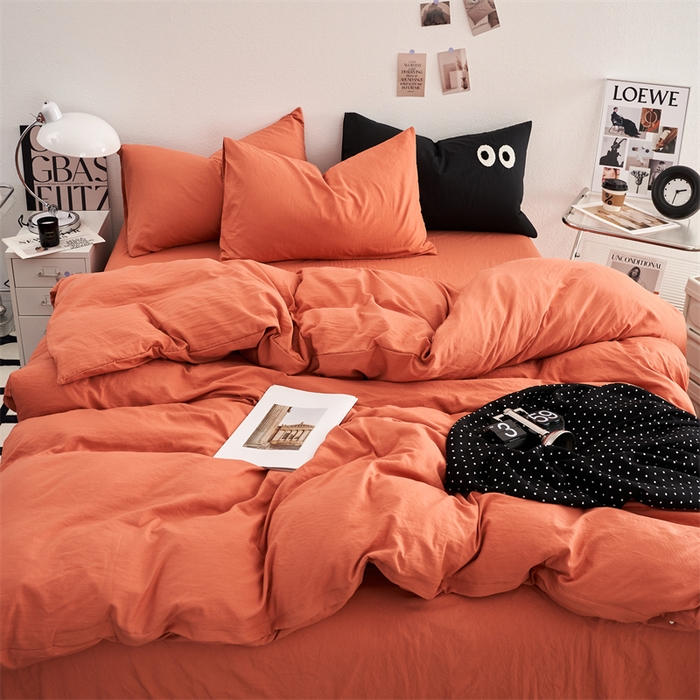 91家纺网 家纺一手货源 找家纺 卡迪熊家纺 2024新款ins风超柔褶皱亲肤磨毛水洗m四件套纯色系列 浪漫橙