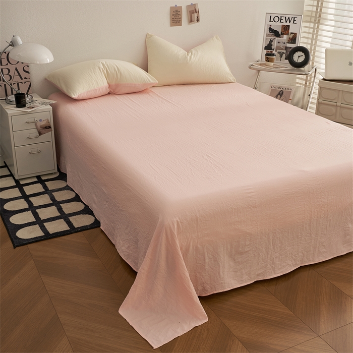 91家纺网 家纺一手货源 找家纺 卡迪熊家纺 2024新款ins风超柔褶皱亲肤磨毛水洗m四件套双拼系列 柠檬粉