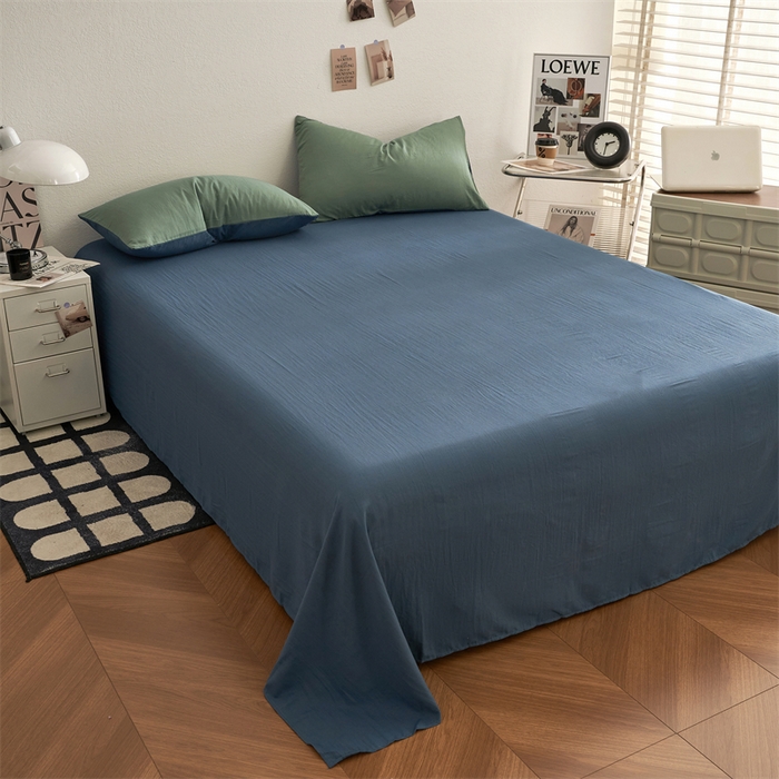 91家纺网 家纺一手货源 找家纺 卡迪熊家纺 2024新款ins风超柔褶皱亲肤磨毛水洗m四件套双拼系列 清新牛仔