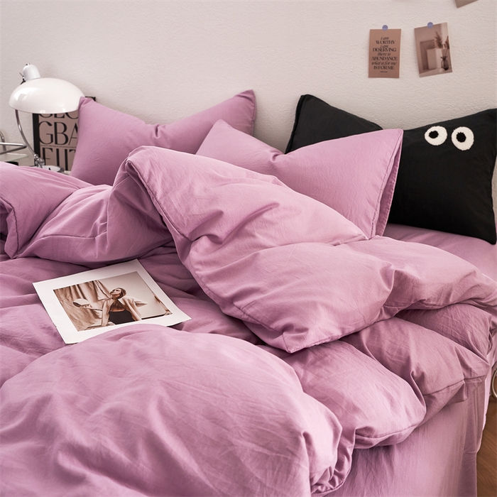 91家纺网 家纺一手货源 找家纺 卡迪熊家纺 2024新款ins风超柔褶皱亲肤磨毛水洗m四件套纯色系列 芋泥紫