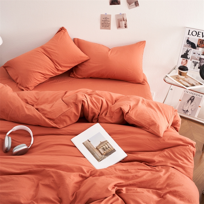 91家纺网 家纺一手货源 找家纺 卡迪熊家纺 2024新款ins风超柔褶皱亲肤磨毛水洗m四件套纯色系列 浪漫橙