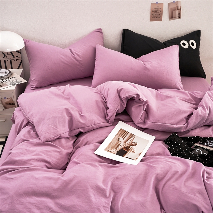 91家纺网 家纺一手货源 找家纺 卡迪熊家纺 2024新款ins风超柔褶皱亲肤磨毛水洗m四件套纯色系列 芋泥紫