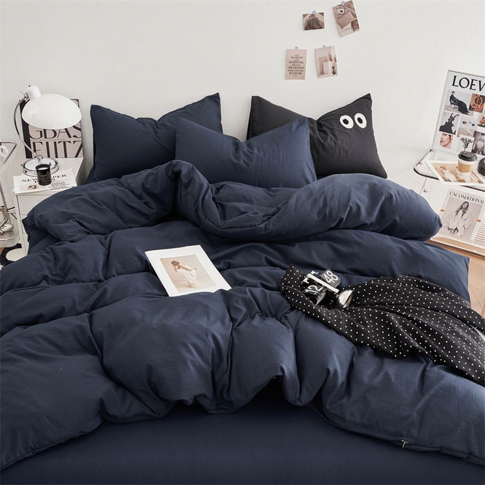 91家纺网 家纺一手货源 找家纺 卡迪熊家纺 2024新款ins风超柔褶皱亲肤磨毛水洗m四件套纯色系列 梦幻蓝