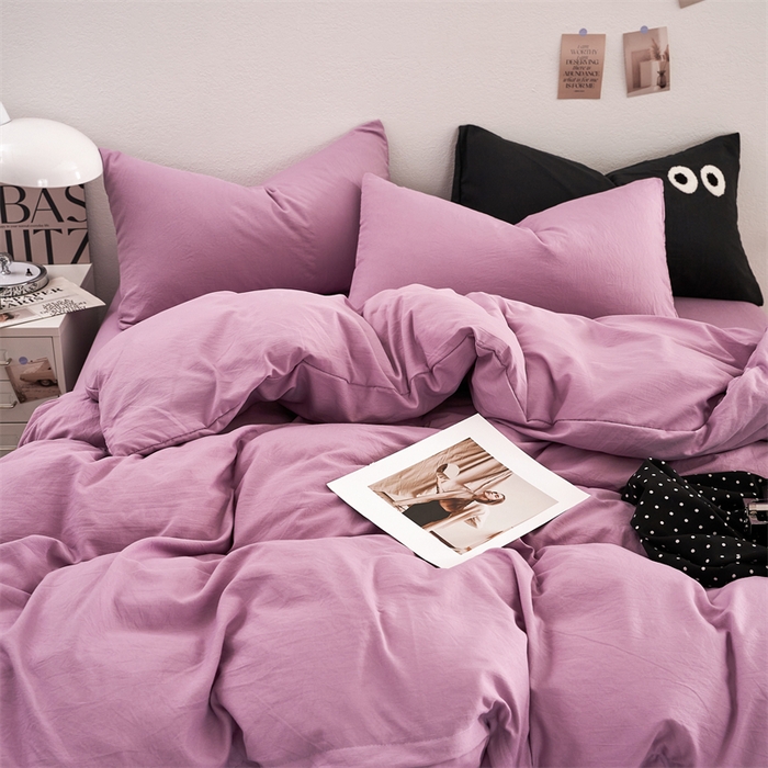 91家纺网 家纺一手货源 找家纺 卡迪熊家纺 2024新款ins风超柔褶皱亲肤磨毛水洗m四件套纯色系列 芋泥紫