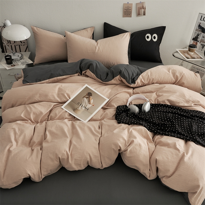 91家纺网 家纺一手货源 找家纺 卡迪熊家纺 2024新款ins风超柔褶皱亲肤磨毛水洗m四件套双拼系列 卡其深灰