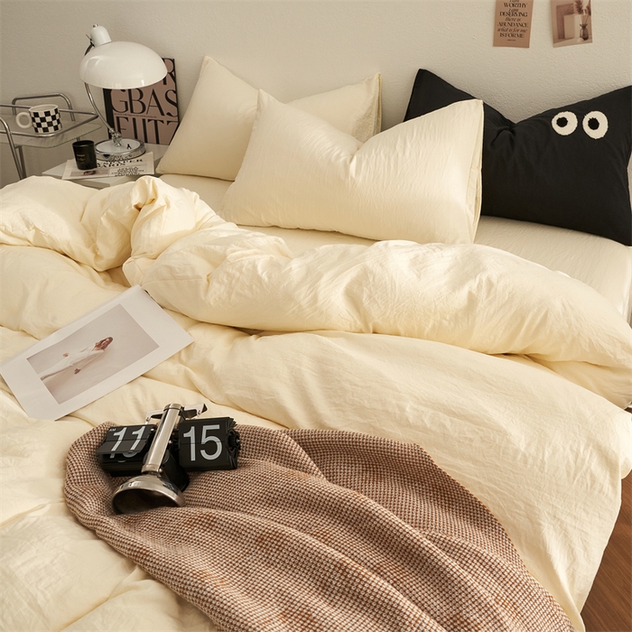 91家纺网 家纺一手货源 找家纺 卡迪熊家纺 2024新款ins风超柔褶皱亲肤磨毛水洗m四件套纯色系列 柠檬黄