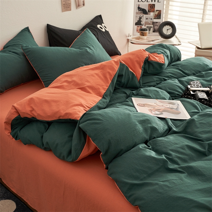 91家纺网 家纺一手货源 找家纺 卡迪熊家纺 2024新款ins风超柔褶皱亲肤磨毛水洗m四件套双拼系列 宝绿橙