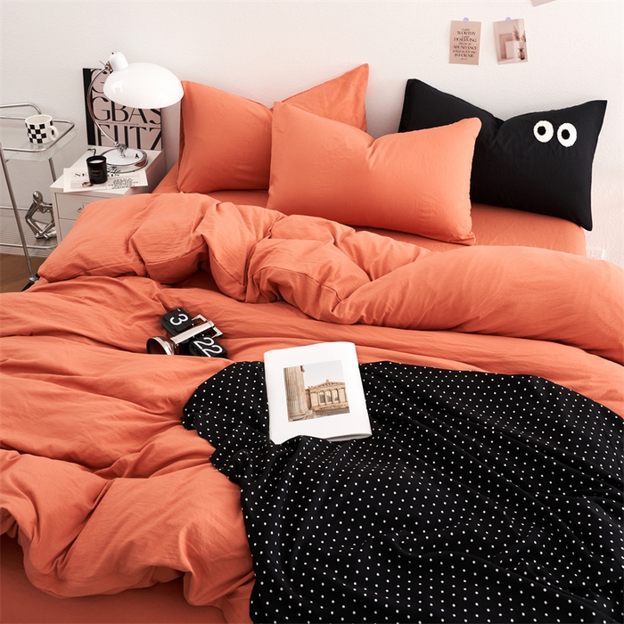 91家纺网 家纺一手货源 找家纺 卡迪熊家纺 2024新款ins风超柔褶皱亲肤磨毛水洗m四件套纯色系列 浪漫橙