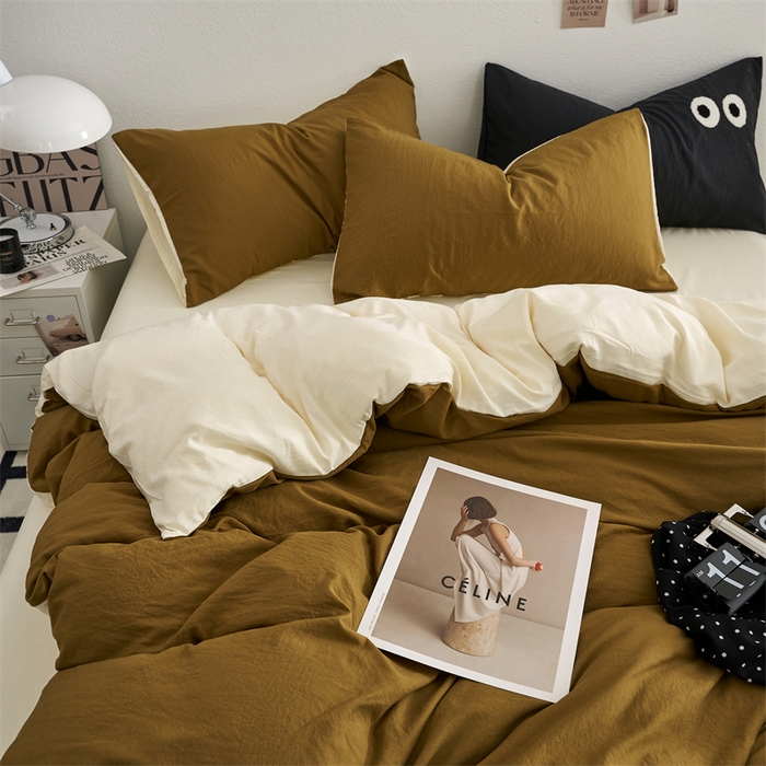 91家纺网 家纺一手货源 找家纺 卡迪熊家纺 2024新款ins风超柔褶皱亲肤磨毛水洗m四件套双拼系列 玛瑙芝士