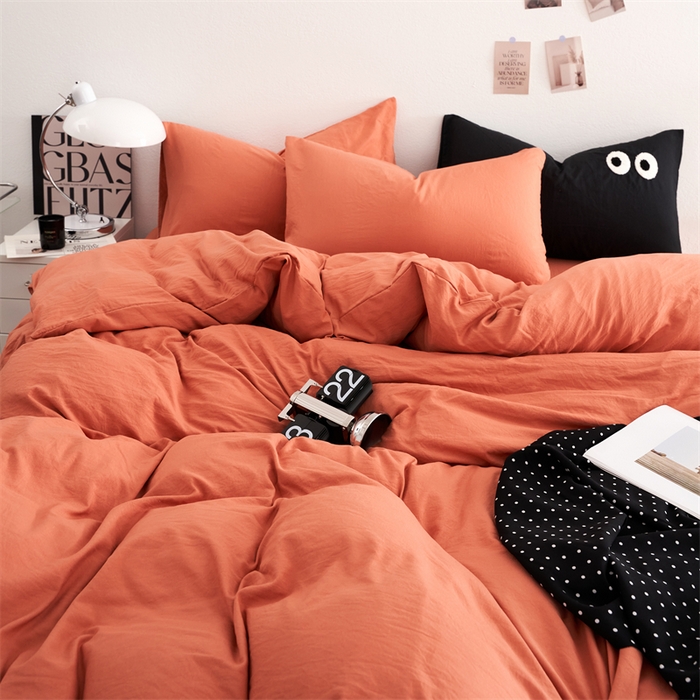 91家纺网 家纺一手货源 找家纺 卡迪熊家纺 2024新款ins风超柔褶皱亲肤磨毛水洗m四件套纯色系列 浪漫橙