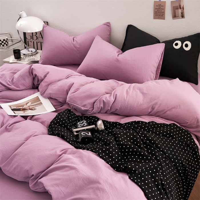 91家纺网 家纺一手货源 找家纺 卡迪熊家纺 2024新款ins风超柔褶皱亲肤磨毛水洗m四件套纯色系列 芋泥紫