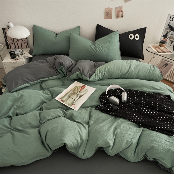 91家纺网 家纺一手货源 找家纺 卡迪熊家纺 2024新款ins风超柔褶皱亲肤磨毛水洗m四件套双拼系列 清新灰