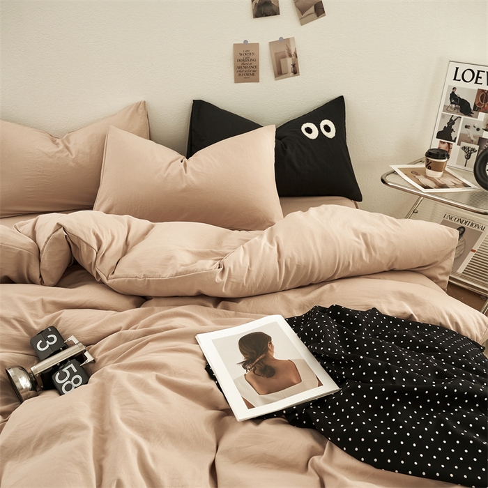 91家纺网 家纺一手货源 找家纺 卡迪熊家纺 2024新款ins风超柔褶皱亲肤磨毛水洗m四件套纯色系列 奶茶