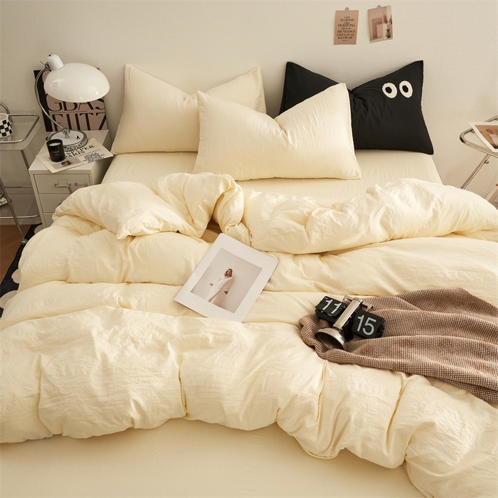 91家纺网 家纺一手货源 找家纺 卡迪熊家纺 2024新款ins风超柔褶皱亲肤磨毛水洗m四件套纯色系列 柠檬黄