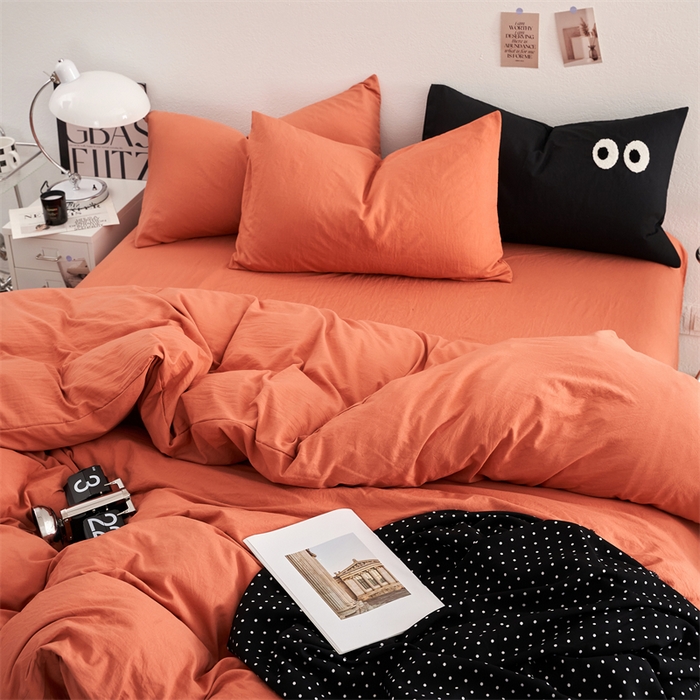 91家纺网 家纺一手货源 找家纺 卡迪熊家纺 2024新款ins风超柔褶皱亲肤磨毛水洗m四件套纯色系列 浪漫橙