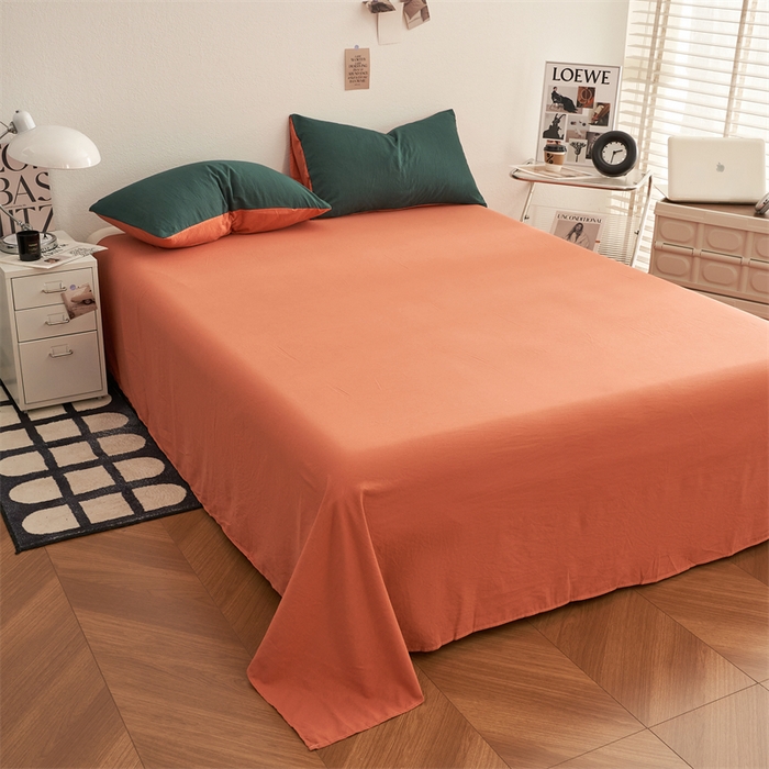 91家纺网 家纺一手货源 找家纺 卡迪熊家纺 2024新款ins风超柔褶皱亲肤磨毛水洗m四件套双拼系列 宝绿橙