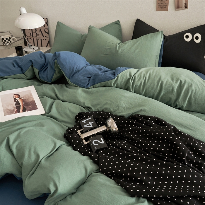 91家纺网 家纺一手货源 找家纺 卡迪熊家纺 2024新款ins风超柔褶皱亲肤磨毛水洗m四件套双拼系列 清新牛仔