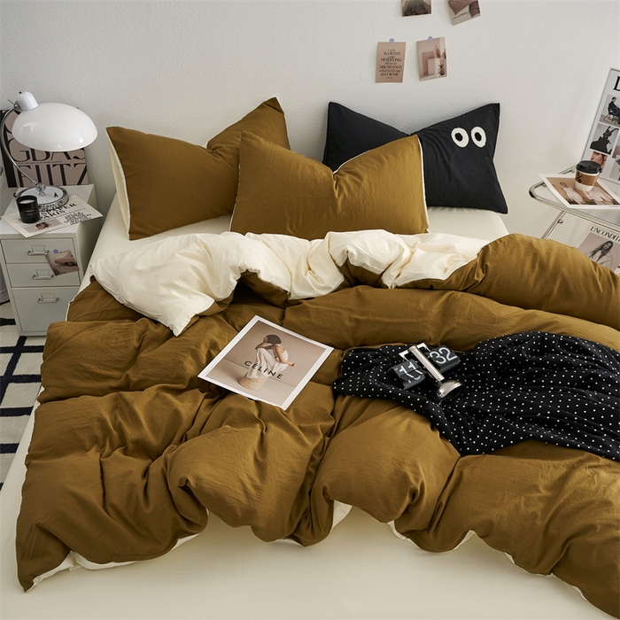 91家纺网 家纺一手货源 找家纺 卡迪熊家纺 2024新款ins风超柔褶皱亲肤磨毛水洗m四件套双拼系列 玛瑙芝士