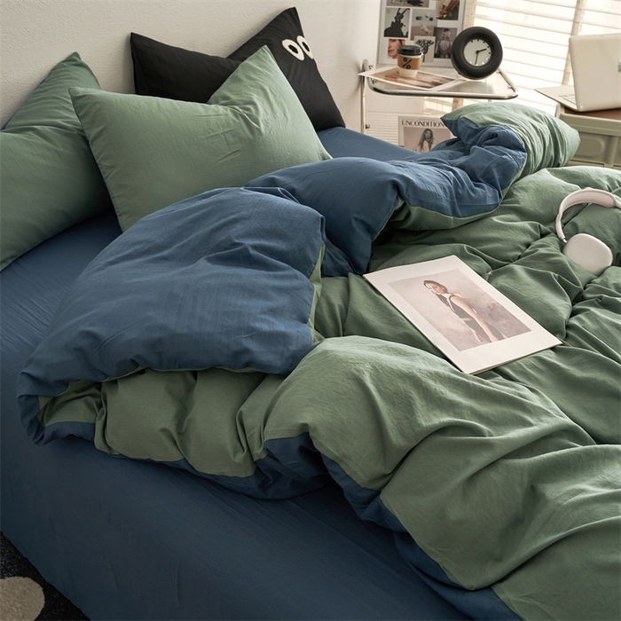 91家纺网 家纺一手货源 找家纺 卡迪熊家纺 2024新款ins风超柔褶皱亲肤磨毛水洗m四件套双拼系列 清新牛仔