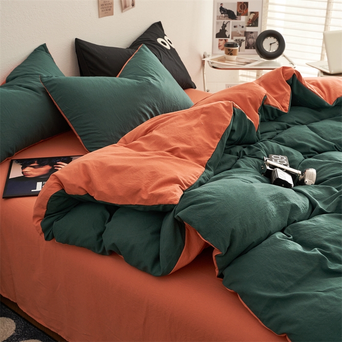 91家纺网 家纺一手货源 找家纺 卡迪熊家纺 2024新款ins风超柔褶皱亲肤磨毛水洗m四件套双拼系列 宝绿橙