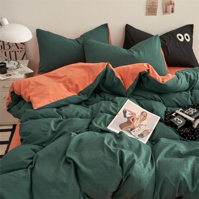 91家纺网 家纺一手货源 找家纺 卡迪熊家纺 2024新款ins风超柔褶皱亲肤磨毛水洗m四件套双拼系列 宝绿橙