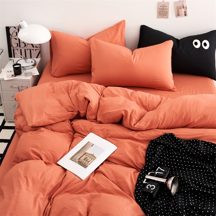 91家纺网 家纺一手货源 找家纺 卡迪熊家纺 2024新款ins风超柔褶皱亲肤磨毛水洗m四件套纯色系列 浪漫橙