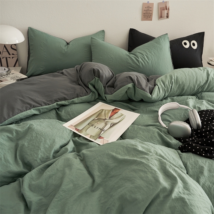 91家纺网 家纺一手货源 找家纺 卡迪熊家纺 2024新款ins风超柔褶皱亲肤磨毛水洗m四件套双拼系列 清新灰