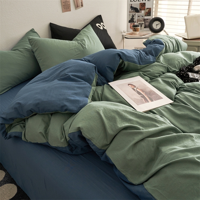 91家纺网 家纺一手货源 找家纺 卡迪熊家纺 2024新款ins风超柔褶皱亲肤磨毛水洗m四件套双拼系列 清新牛仔