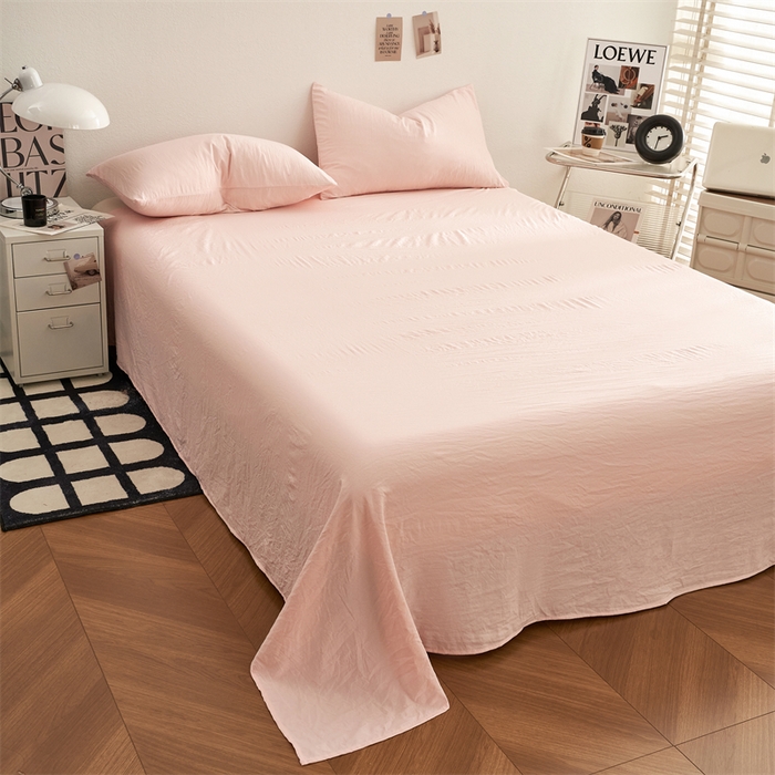 91家纺网 家纺一手货源 找家纺 卡迪熊家纺 2024新款ins风超柔褶皱亲肤磨毛水洗m四件套纯色系列 优雅粉