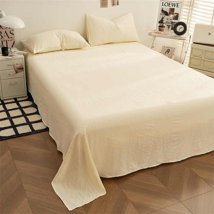 91家纺网 家纺一手货源 找家纺 卡迪熊家纺 2024新款ins风超柔褶皱亲肤磨毛水洗m四件套纯色系列 柠檬黄