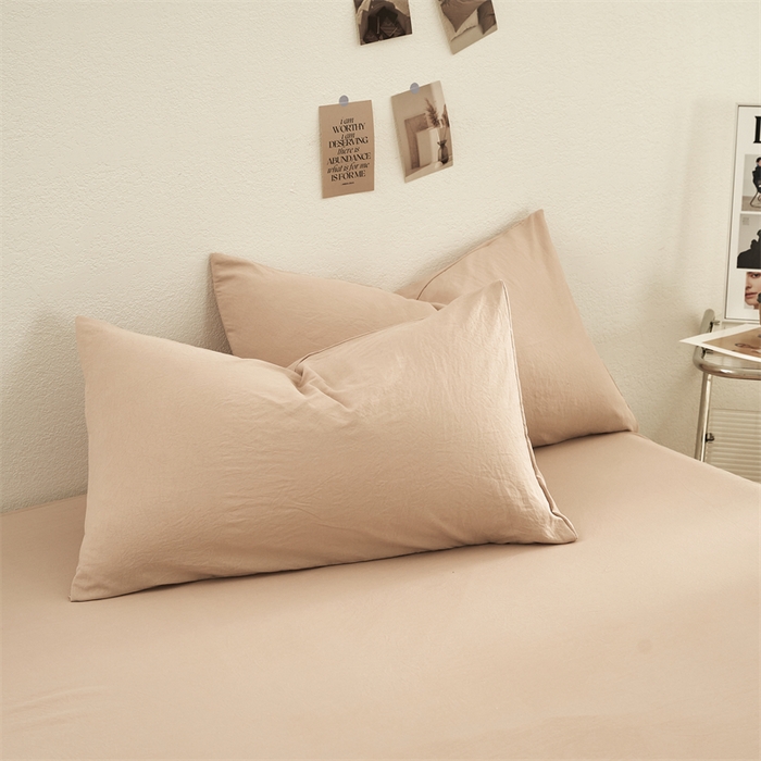 91家纺网 家纺一手货源 找家纺 卡迪熊家纺 2024新款ins风超柔褶皱亲肤磨毛水洗m四件套纯色系列 奶茶