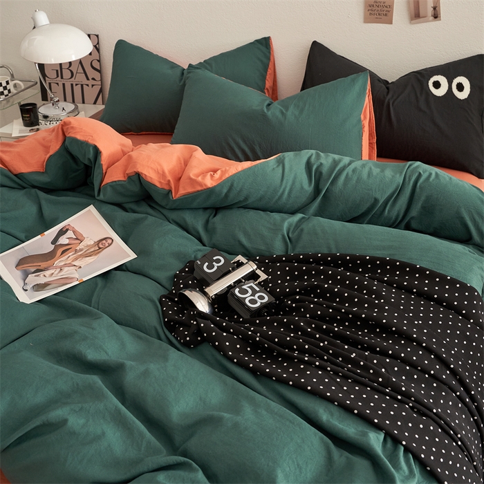 91家纺网 家纺一手货源 找家纺 卡迪熊家纺 2024新款ins风超柔褶皱亲肤磨毛水洗m四件套双拼系列 宝绿橙