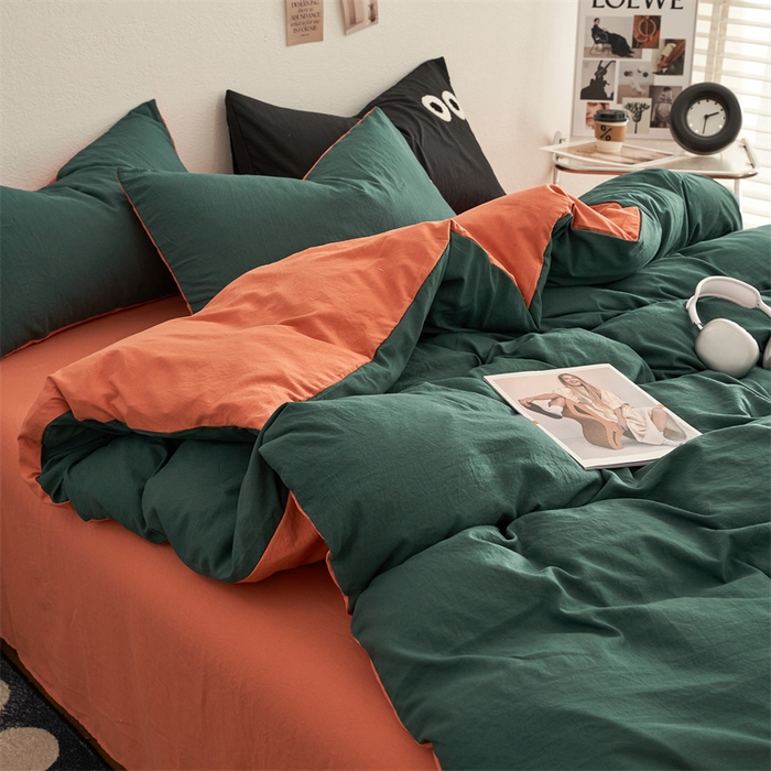 91家纺网 家纺一手货源 找家纺 卡迪熊家纺 2024新款ins风超柔褶皱亲肤磨毛水洗m四件套双拼系列 宝绿橙