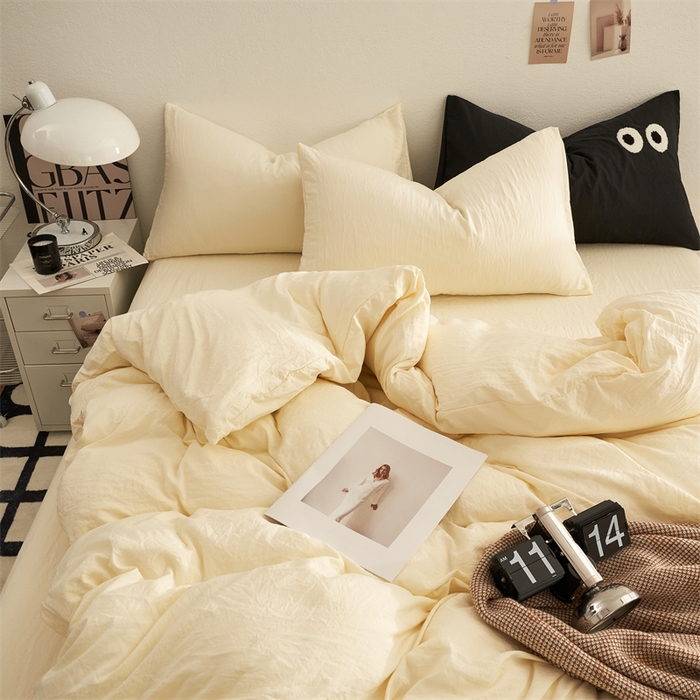 91家纺网 家纺一手货源 找家纺 卡迪熊家纺 2024新款ins风超柔褶皱亲肤磨毛水洗m四件套纯色系列 柠檬黄