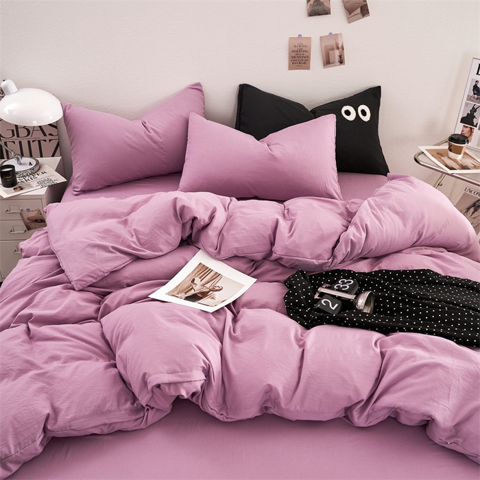 91家纺网 家纺一手货源 找家纺 卡迪熊家纺 2024新款ins风超柔褶皱亲肤磨毛水洗m四件套纯色系列 芋泥紫