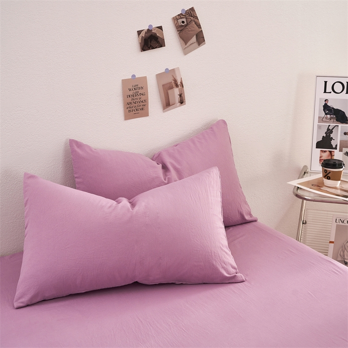 91家纺网 家纺一手货源 找家纺 卡迪熊家纺 2024新款ins风超柔褶皱亲肤磨毛水洗m四件套纯色系列 芋泥紫