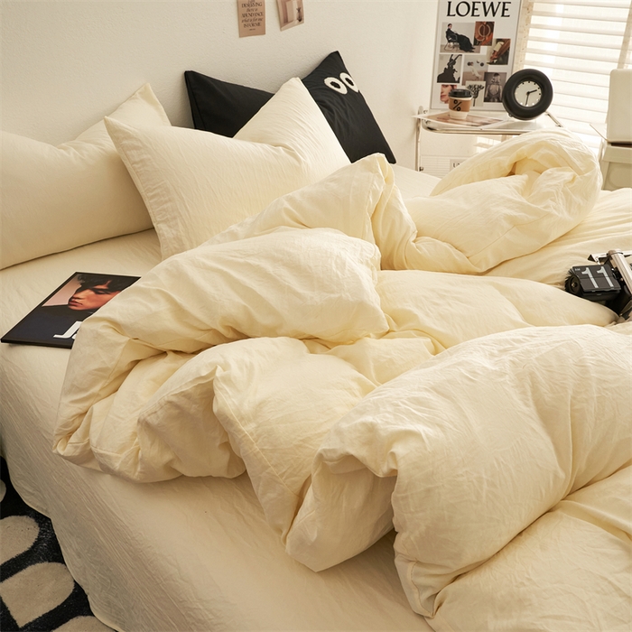 91家纺网 家纺一手货源 找家纺 卡迪熊家纺 2024新款ins风超柔褶皱亲肤磨毛水洗m四件套纯色系列 柠檬黄