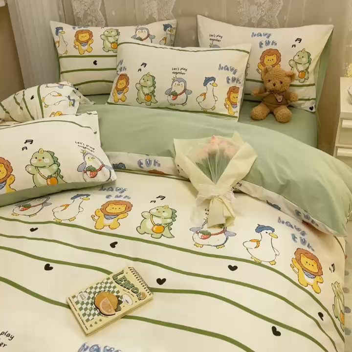 91家纺网 家纺一手货源 找家纺 小懒猪 2024春夏新款全棉卡通印花四件套 宠物宝贝