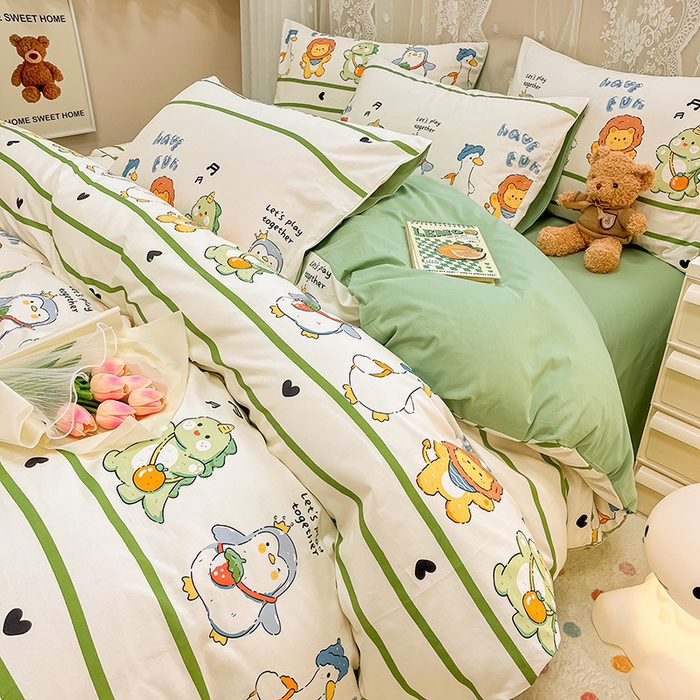 91家纺网 家纺一手货源 找家纺 小懒猪 2024春夏新款全棉卡通印花四件套 宠物宝贝