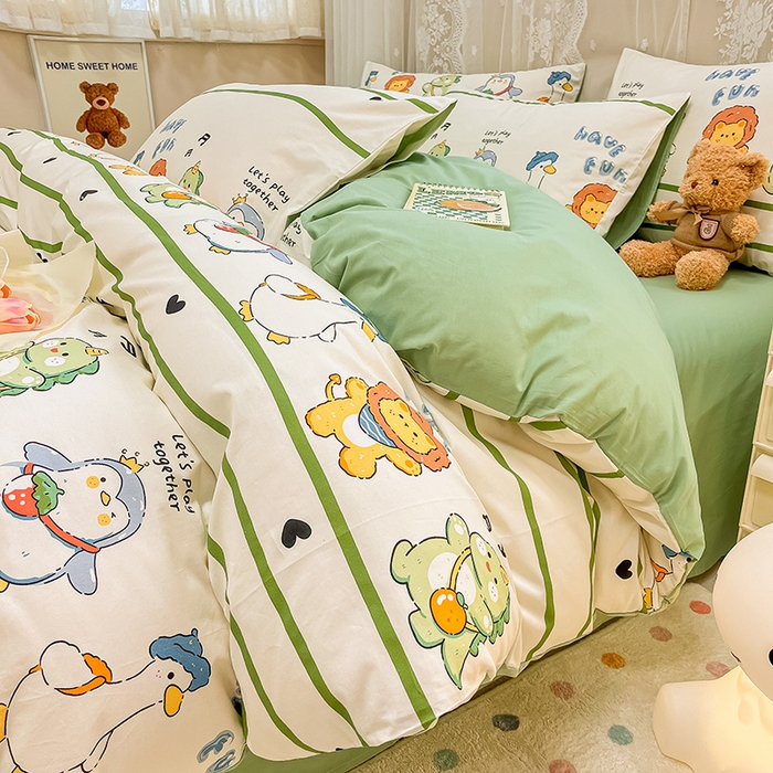 91家纺网 家纺一手货源 找家纺 小懒猪 2024春夏新款全棉卡通印花四件套 宠物宝贝