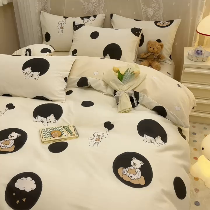 91家纺网 家纺一手货源 找家纺 小懒猪 2024春夏新款全棉卡通印花四件套 晚安熊