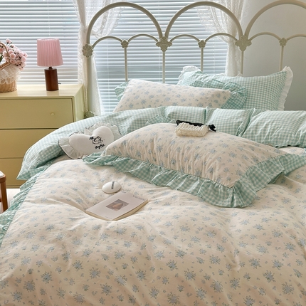 91家纺网 家纺一手货源 找家纺 昔可家纺 2023新款拼接花边款全棉四件套 蓝风眠谷