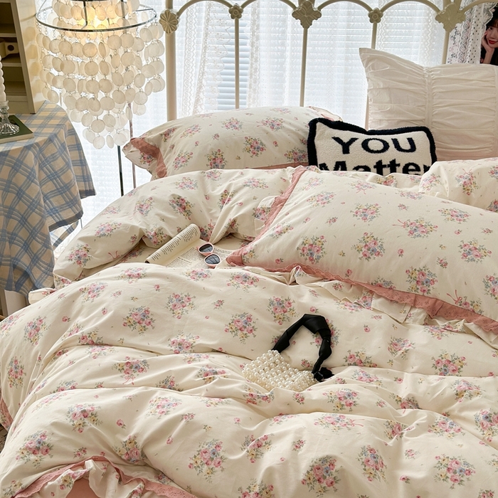 91家纺网 家纺一手货源 找家纺 昔可家纺 2023新款双层蕾丝花边款四件套 粉花簇